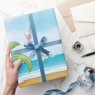 Papel De Presente Crianças Surfando Praia Tropical Diversão Verão Oc