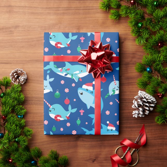Papel De Presente Crianças Tubarão Narwhal Sob O Natal Do Mar (Presente de Natal)