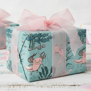 Papel De Presente Crianças Verde e Rosa Esbranquiçada Desenho Axolot