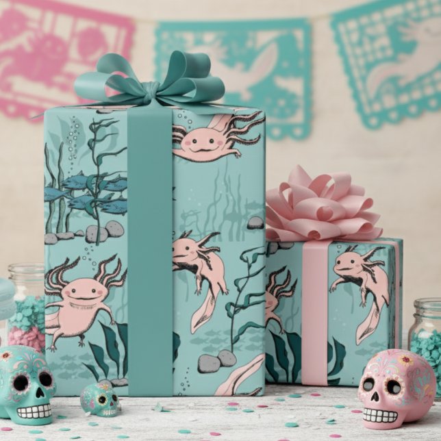 Papel De Presente Crianças Verde e Rosa Esbranquiçada Desenho Axolot (Mexican Walking Fish Pink Axolotl Salamander Wrapping Paper in Turquoise Blue for Kids Birthday)