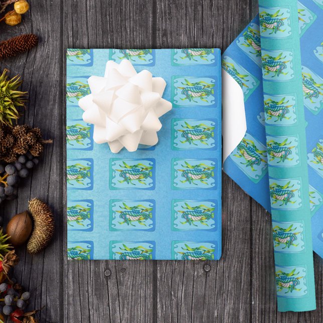 Papel De Presente Criatura do Dragão do Mar na alga azul verde (Fantasy sea creature dragon in seaweed in wavy frames blues and greens gift wrapping paper roll.)
