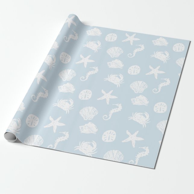 Papel De Presente Criaturas do mar azul pálido e branco (Desenrolado)