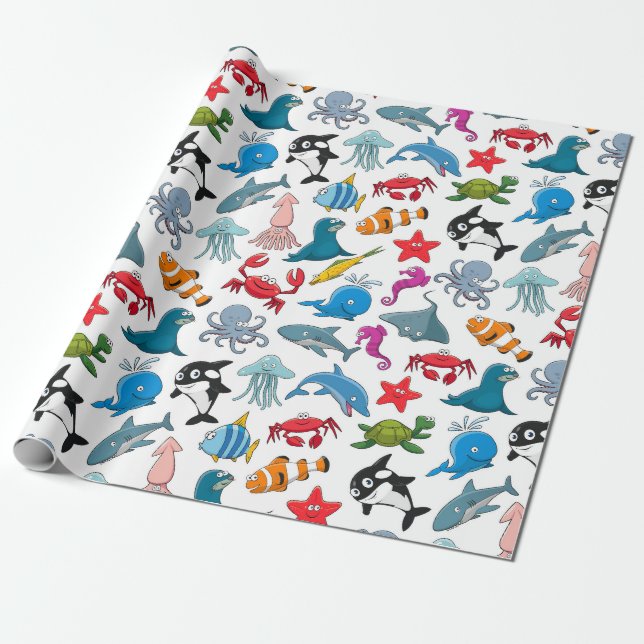 Papel De Presente Criaturas Marinhas Felizes (Desenrolado)