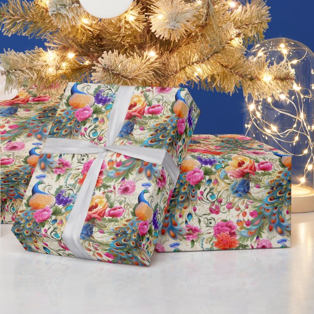 Papel De Presente Crie Seu Próprio Peacock Floral Romântico (Feriados)