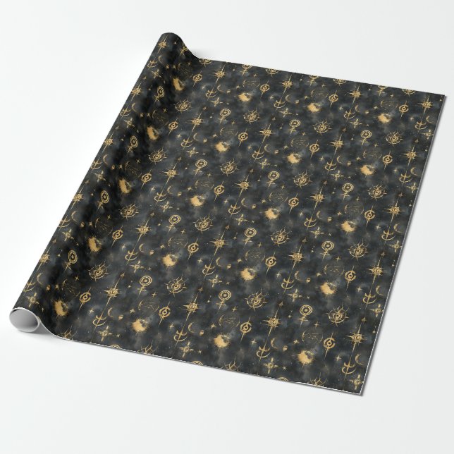Papel De Presente Crie Seus Próprios Símbolos Mágicos Dourados Preto (Desenrolado)