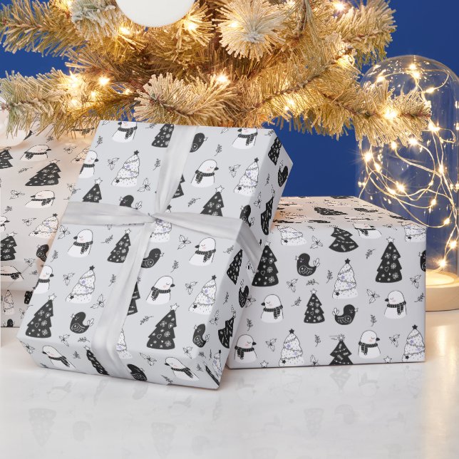 Papel De Presente Crie suas próprias árvores de Natal cinzas e pássa (Feriados)