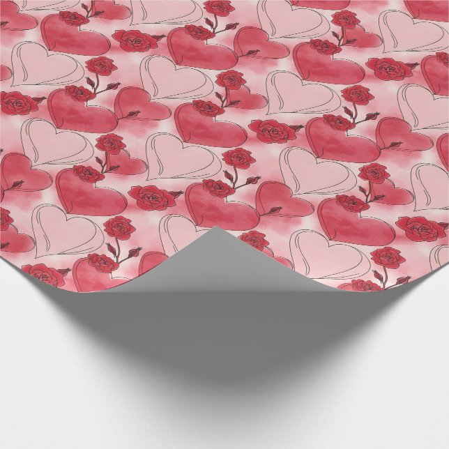 Papel De Presente Crimson Red and Blush Pink Hearts and Roses  (Ponta)