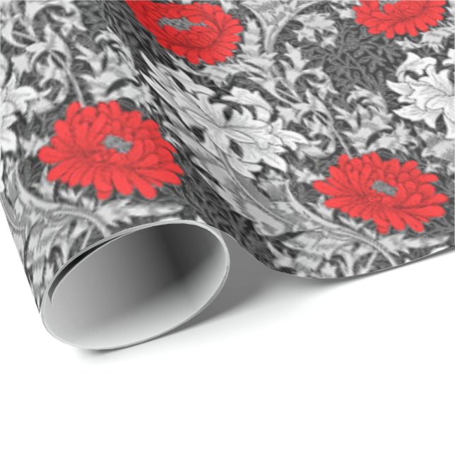 Papel De Presente Crisântemos, cinzas e vermelho de William Morris (Ponta do rolo)