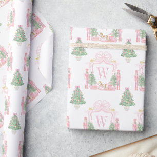 Papel De Presente Crista de Monograma de Noz Quebradora Rosa em Aqua