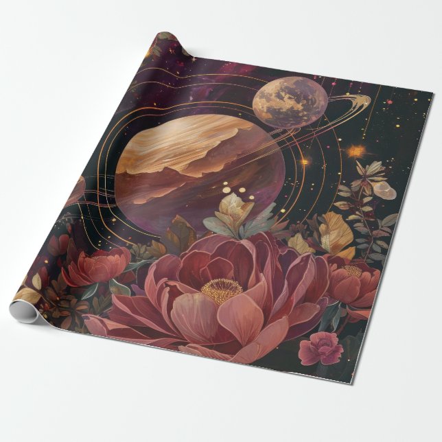 Papel De Presente Cristal Planetário Nebulosa Celeste Roxo (Desenrolado)