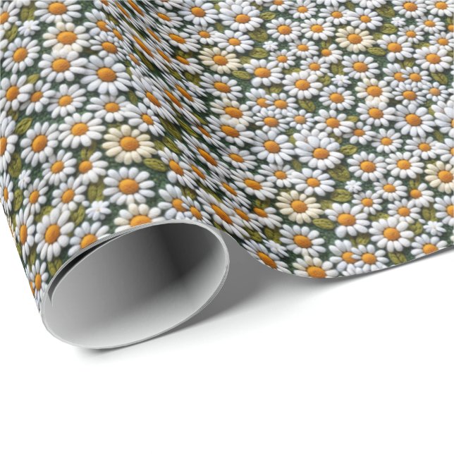 Papel De Presente Crochet White Daisies Spring Wildflowers (Ponta do rolo)