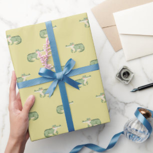Papel De Presente Crocodilos em Aquarela em Amarelo Claro