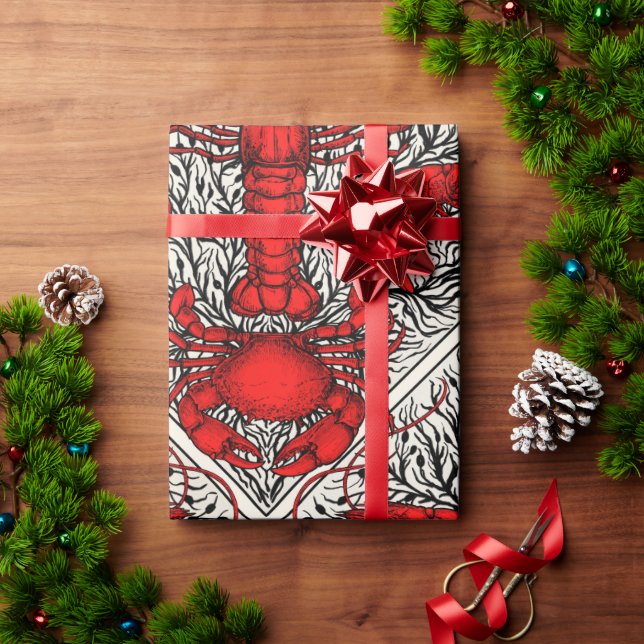 Papel De Presente Crustáceos a vermelho, preto e marfim (Presente de Natal)