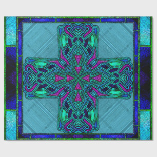 Papel De Presente Cruz Celta em Vidro Colorido Azul e Aquamarine