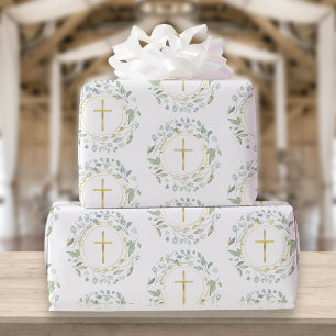 Papel De Presente Cruz Cristã Dourada Coroa de Louro