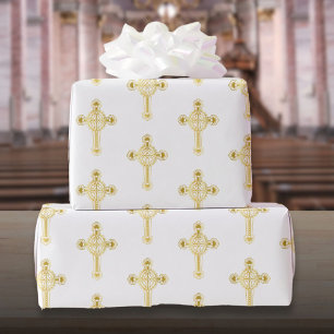 Papel De Presente Cruz Cristã Ouro Batismo Crisma Comunhão