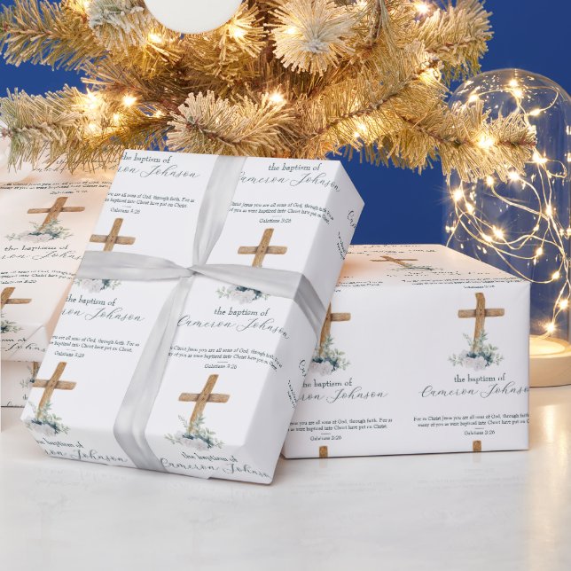 Papel De Presente Cruz de Madeira Versículo da Bíblia de Batismo Bra (Feriados)