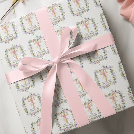 Papel De Presente Cruz Floral da 1ª Comunhão com Laço Rosa