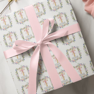 Papel De Presente Cruz Floral da 1ª Comunhão com Laço Rosa