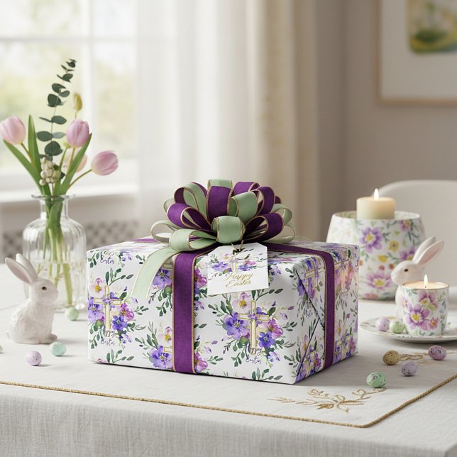 Papel De Presente Cruz floral rosa e roxa personalizada da Páscoa  (Criador carregado)