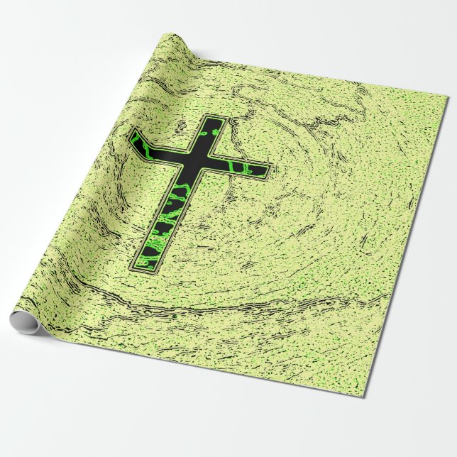 PAPEL DE PRESENTE CRUZ NEGRA E VERDE COM FUNDO MARÁVEL (Desenrolado)