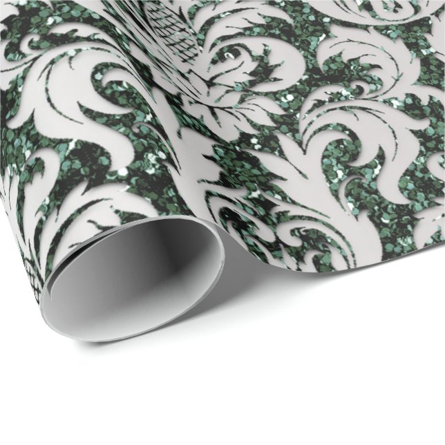 Papel De Presente Crystal Glitter Cali Green Cinza Silver Damask (Ponta do rolo)