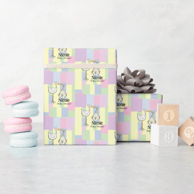 Papel De Presente Cubismo Retro Funky para Chá de Bebê com Cegonha E (Chá de bebê)