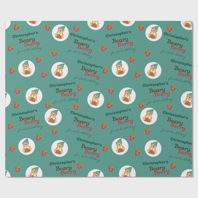 Papel De Presente Cubo Cubo Morango Beary Berry Primeiro Aniversário (Aberto)