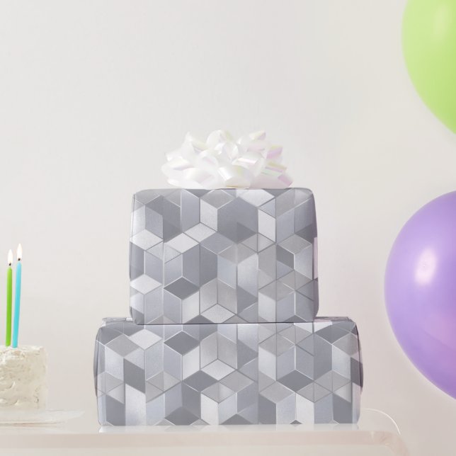 Papel De Presente Cubo Geométrico Cinza Prata Padrão Abstrato (Presentes para festas)