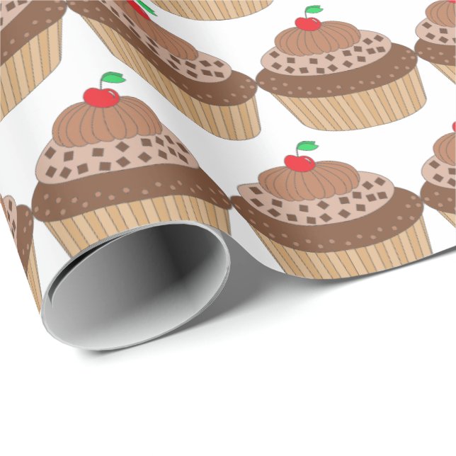 Papel De Presente Cupcake de chocolate com padrão de cereja (Ponta do rolo)