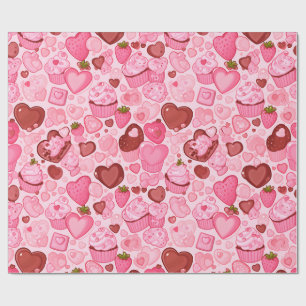 Papel De Presente Cupcake de Coração de Morango Sem Costura para o D