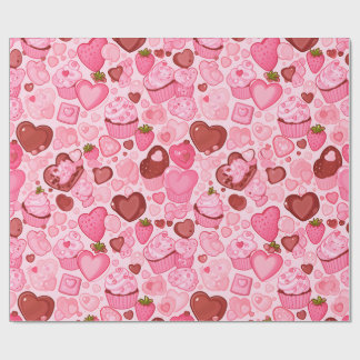 Papel De Presente Cupcake de Coração de Morango Sem Costura para o D