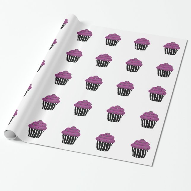 Papel De Presente Cupcake de Padrão Zebra Roxo (Desenrolado)