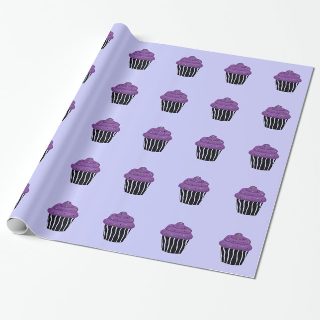 Papel De Presente Cupcake de Padrão Zebra Roxo (Desenrolado)