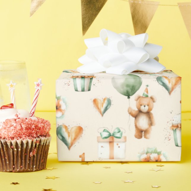 Papel De Presente Cupcake de primeiro aniversario de Cores d'Água Cu (Festa de aniversário)