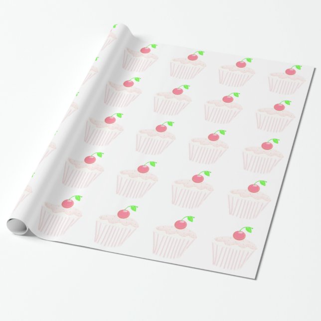 Papel De Presente Cupcake Rosa Claro com Cereja no Topo (Desenrolado)