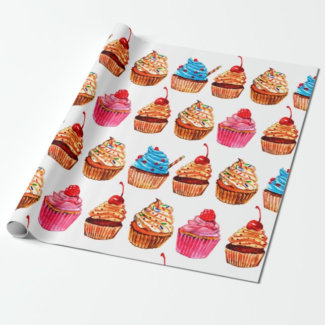 Papel De Presente Cupcakes de aquarela (Desenrolado)