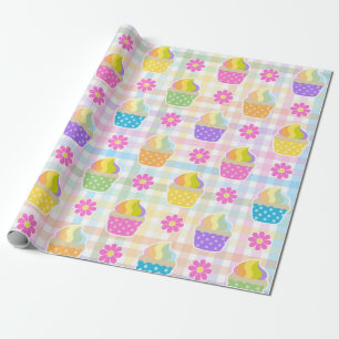 Papel De Presente Cupcakes de Arco-Íris sobre Fundo Xadrez Multicolo