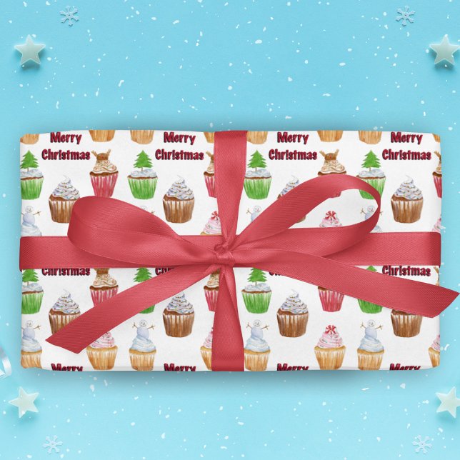 Papel De Presente Cupcakes de Natal com Aquarela (Share sweet moments with Watercolor Merry Christmas Cupcakes Wrapping Paper for joyous gifting.)