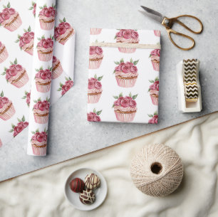 Papel De Presente Cupcakes Florais de Rosas Cor-de-Rosa de Aniversár