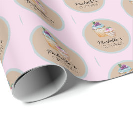 Papel De Presente CupCakes Rosa e Frutas Aquarela
