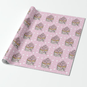 Papel De Presente Cupcakes Rosa e Prata com Bolinhas