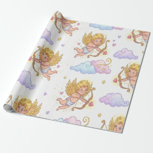 Papel De Presente Cupidos Voadores Caprichosos em Fantasia de Céu Az