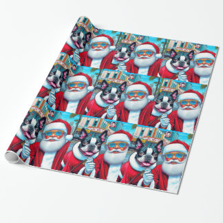 Papel De Presente Curioso Boston Terrier Santa Clause Design de Nata