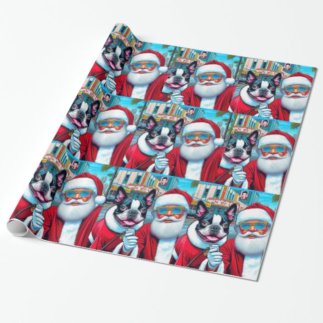 Papel De Presente Curioso Boston Terrier Santa Clause Design de Nata (Desenrolado)