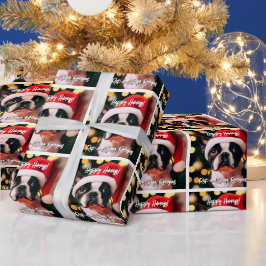 Papel De Presente Custa Boston Terrier Puppy com Santa Hat