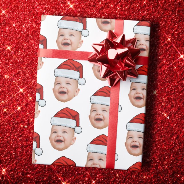 Papel De Presente Custom Baby Face Photo Santa Hat Christmas White (Criador carregado)