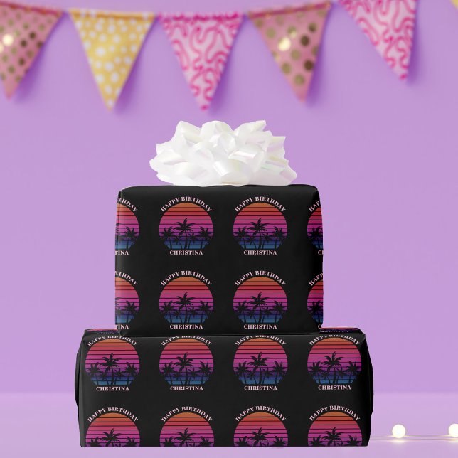 Papel De Presente Custom Beach Sunset Palm Trees Birthday (Criador carregado)