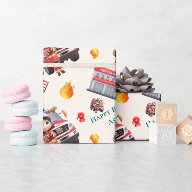 Papel De Presente Custom Cute Fun 3D Firefighter Girls Birthday |  (Chá de bebê)