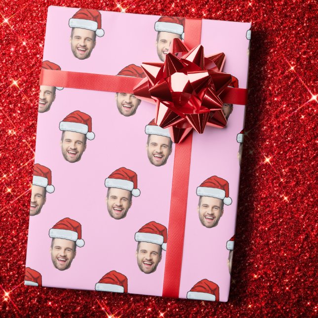 Papel De Presente Custom Face Photo Santa Hat Christmas Gift Pink (Criador carregado)